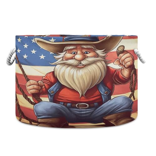 Round American Cowboy Gnome Storage Basket Large Organizer Bin Laundry Hamper Toy Storage Basket with Handle for Nursery Clothes Toys 202b4201