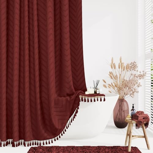 Dynamene Boho Farmhouse Shower Curtain Burgundy Fabric Tufted Chevron Striped Textured Tassel Shower Curtains for Bathroom Shabby Chic Waterproof Cloth Shower Curtain Set with Hooks 72x72