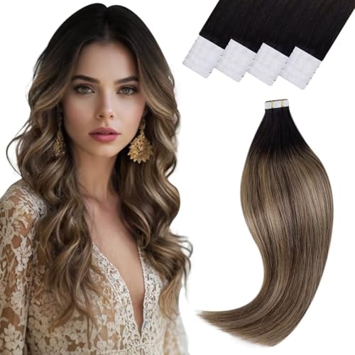 Vivien Tape in Hair Extensions Human Hair Balayage Hair Extensions Tape in Real Hair Black to Dark Brown with Caramel Blonde Tape in Human Hair Extensions Long Straight 50g 20Pcs 24Inch #1B/4/27