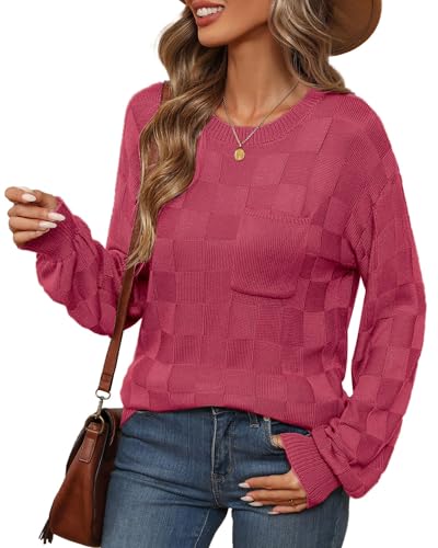 Womens Sweaters 2025 Fashion Trendy Long Sleeve Crewneck Checkered Sweater Knit Loose Pullover Sweater Tops3