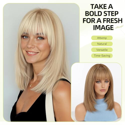 Image of RSY 14 Inch Ombre Blonde Mixed Light Brown Straight and Layered Real Human Hair Wigs for Women with Bangs