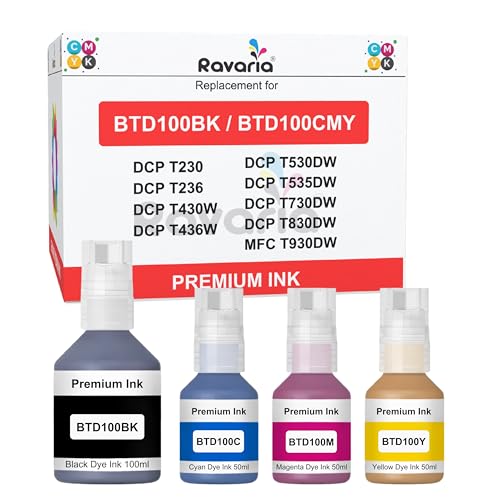 Image of BTD100BK / BTD100CMY Compatible Ink for Brother Printer DCP-T236 DCP-T230 DCP-T436W DCP-T430W DCP-T535DW DCP-T530DW DCP-T730DW DCP-T830DW MFC-T930DW (BTD100BK & BT100CMY Ink Set (4 Color))