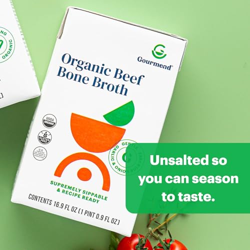 Organic Unsalted 16.9oz Beef Bone Broth from Gourmend Foods (12 Pack) – Just 10 Ingredients, Low FODMAP Certified, Filler Free, Gluten Free, Non-GMO, Onion & Garlic Bulb Free