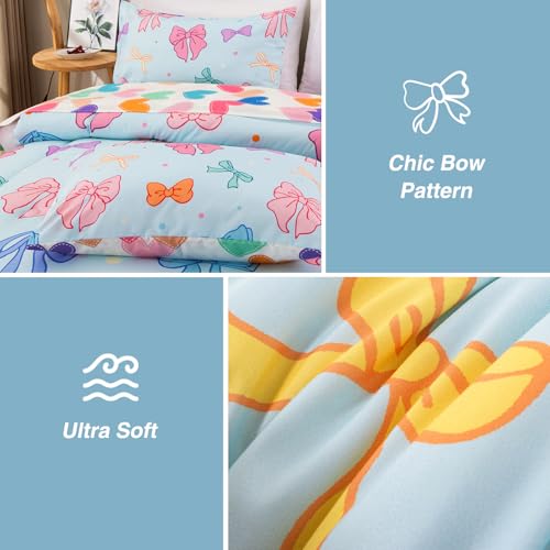 Image of A Nice Night Full Size Bed in A Bag Bow Comforter Set for Kids,Quilt Bedding Set with Bowknot & Chic Polka Dot Pattern,Blue Background Room Decor for Girls