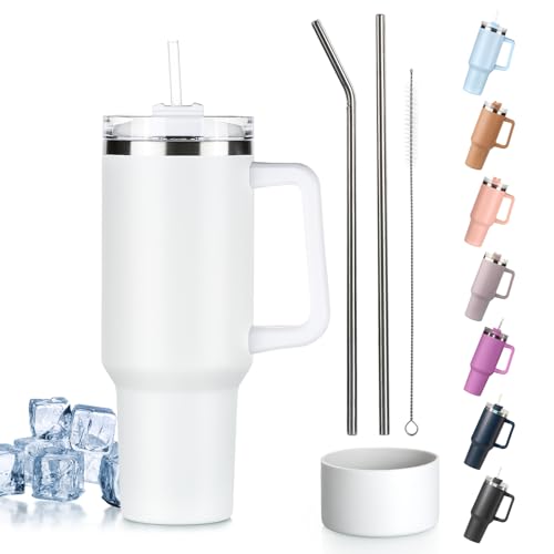 Tuocal 40oz Tumbler with Straw Lid and Handle + 2 Stainless Steel Straws + Silicone Boot 1180 ml Double Wall Vacuum Insulated Cup Car Coffee Mug Travel Water Bottle for Hot Iced Coffee White