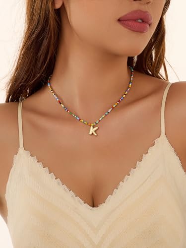 Initial Necklace for Women Cute Colorful Beaded Charm Necklaces Bohemian Colorful Letter Necklaces Personalized Bubble Necklace Trendy Choker for Women Jewelry Gift3