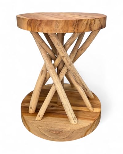 FaHome Holz Beistelltisch – Holzhocker Couchtisch – Handgefertigt – Verzweigt aus Suar- und Teakholz – 50x40x40 cm