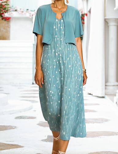 XNC Womens 2 Piece Set Fashion Fresh Plant Print Midi Dress V-Neck Half Sleeve with Jacket A-line Dresses Lounge Outfits3