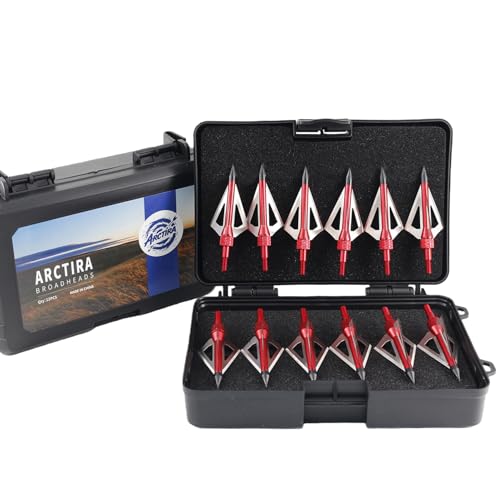 ARCTIRA 12Pcs Hunting Broadheads with Solid Case 3 Fixed Blades for Crossbow Bolts and Compound Bow Arrows Portable Broad Heads Box Archery Arrowheads for Adults (Red, 100 Grains)