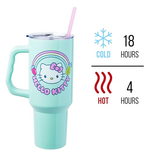 Image of Silver Buffalo Sanrio Hello Kitty Kawaii Strawberry, Pineapple, and Rainbows Stainless Steel Tumbler with Handle and Straw, Fits in Standard Cup Holder, 40 Ounces (Pack of 12)