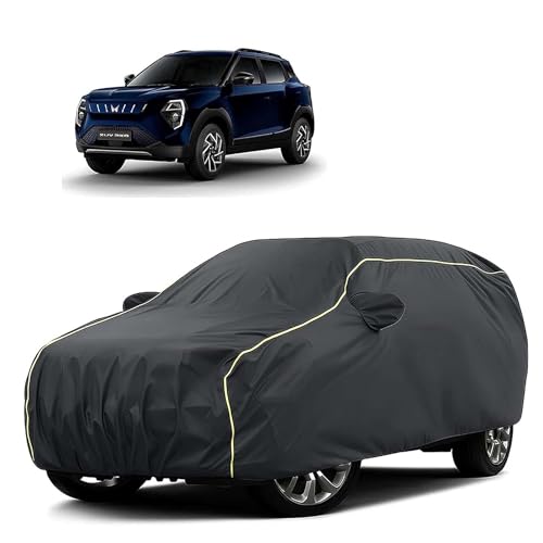 Image of Sulfar 100% Water Resistant Car Body Cover Compatible with Mirror for Mahindra XUV 3XO EV (Triple Stitched, Full Bottom Elastic, Dark Grey Tafetta with Yellow Piping)
