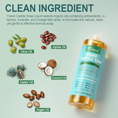 Pure Castile Soap Liquid Unscented 67 fl oz Castile Liquid Soap Made With Organic Oil, Clean & Gentle, No Palm Oil, Vegan, Natural Castille soaps for Face Body Hand Wash, Dishes Multi-purpose