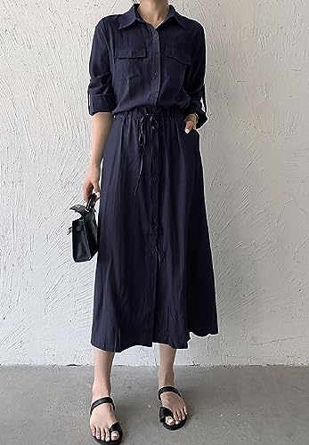 Image of Women Roll-Up Long Sleeve Button Down Shirt Midi Dress