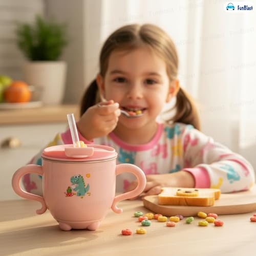 Image of FunBlast Milk Mug for Kids - Dinosaur Print S316 Stainless Steel Mug for Kids, Insulated Milk Cup with Lid & Straw, Water, Juice Drinking Mug, Glass, Cup for Kids - 200 ML (Pink)