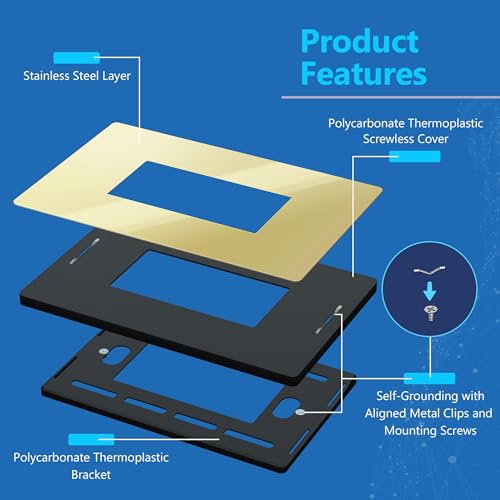 Image of LIDER Decorator Metal Wall Plate, Temperature and Impact Resistant, Screwless Cover, Modern Decoration Upgrade, Mid-Size 1-Gang 4.88 inch x 3.11 inch, UL Listed, Stainless Steel, Polished Brass, 1-Pack
