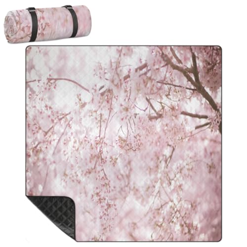 Shimoshe Extra Large Picnic Blankets 79”x 79”, Cherry Blossom Tree Waterproof Foldable Picnic Mat with Straps Portable Beach Blanket for Camping Park Grass Beach Indoor