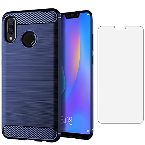 Asuwish Phone Case for Huawei Y9 2019/Y8s/Enjoy 9 Plus with Tempered Glass Screen Protector Cover and Cell Accessories Protective Slim Silicone Soft TPU Hawaii 9Y JKM-LX3 Carbon Fiber Women Men Blue