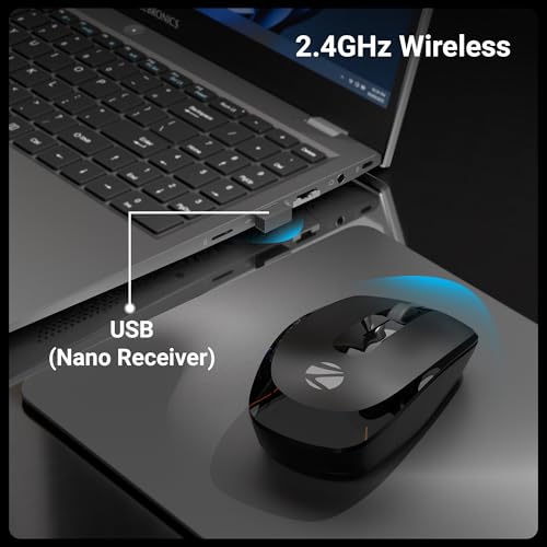 Image of ZEBRONICS Wireless Mouse, 2.4GHz, 3200 DPI, 3 Buttons, Comfortable & Ergonomic, USB Nano Receiver, Power-Saving Mode, Works on Most Surfaces, for Mac | Laptop | Computer (Freego, Black)