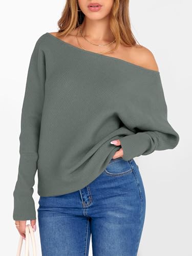 Image of ANRABESS Womens Off Shoulder Sweaters 2026 Fall Long Batwing Sleeve Loose Fit Knit Tops Casual Pullovers Jumpers