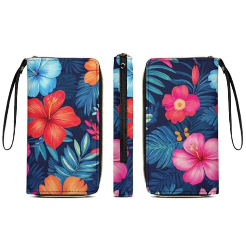 Travel Purse Fashion Design, Huge Storage Capacity Wallet With Rope, Cute Decor Purse, Long PU Zipper Wallet Hawaiian Colorful Hibiscus Flowers Tropical Palm Tree Leaves3