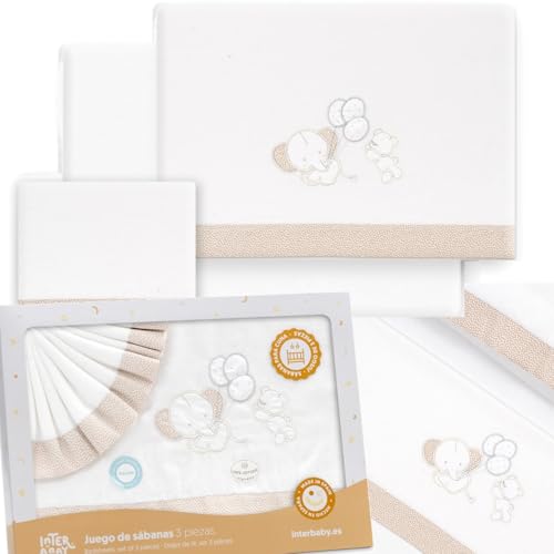 Juego de Sábanas para Cuna 60x120 cm de Franela 100% Algodón | Sábanas de Invierno para Bebé, Cálidas y Suaves | Set 3 Piezas con Bajera Ajustable, Encimera y Funda de Almohada | Globos Beige