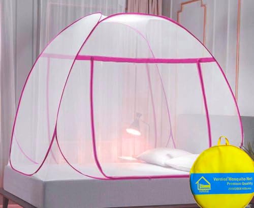 Image of VERDIOZ WITH DEVICE Double Bed Mosquito Net Machardani, King Size Mosquito Net Adult | Kids | Baby | Corrosion Free Steel Wire, 30 GSM Bright White Net with Saviour Kit -(Pink Zipper, Pink Border)