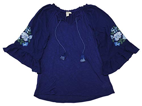 Vintage America Blues Womens Embroidered Floral Bell Sleeve Valerie Blouse (Medieval Blue, Large)