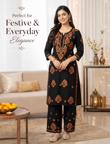 Image of Floral Embroidered Women Kurta Pant Set Straight Fit Cotton Blend Kurti with Palazzo Bottom Ethnic Wear for Office, Festive, Casual and Everyday Comfort