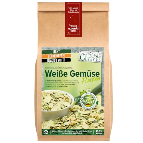 ORIGINAL LECKERLIES Weiße Hunde Gemüse-Flocken Black&White, 1 kg getreidefreie Gemüseflocken, Hundeflocken, Barf Zusatz Hund Hundefutter – Naturprodukt für Hunde