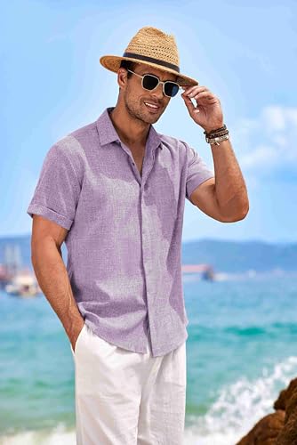 Image of COOFANDY Men's Linen Shirts Short Sleeve Casual Shirts Button Down Shirt for Men Beach Summer Wedding Shirt