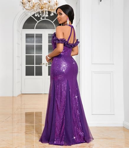 Image of Cololura Women Sexy Sequin Halter Neck Short Sleeve Mesh Perspective Party Bodycon Evening Cocktail Maxi Dress