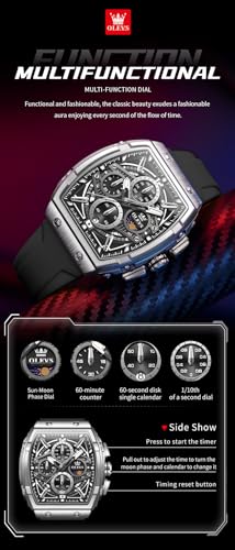 Image of OLEVS Men Watches Business Dress Chronograph Big Square Quartz Analog Male Watch Silicone Strap Waterproof Date Gift Mens Wrsit Watch Silver