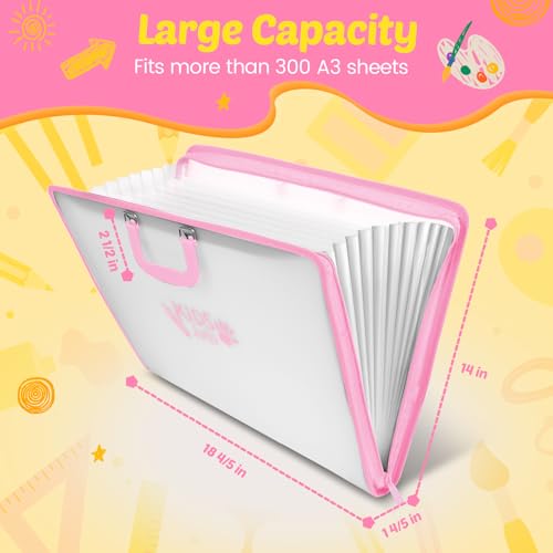 Image of 11x17 Kids Art Portfolio - Accordian File Organizer with 13 Pockets, Art Portfolio for Kids with Handle and Zipper Closure - Oxford Cloth, Frosted Translucent Artwork Folder for Children - Pink