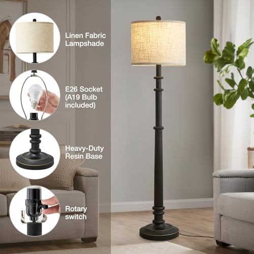 Image of EJIAXIN Floor Lamps for Living Room - 60 inch Farmhouse Floor Lamp with Adjustable Color Temperatures - Vintage Standing Lamp Reading Light with Linen Shade Retro Tall Lamp for Bedroom Office, Black