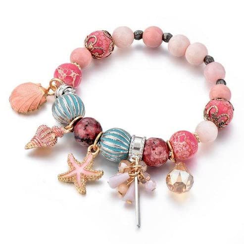 Aphrodite's Summer Pink Beaded Charm Bracelet - Mermaid Jewelry for Women, Summer Style Beaded Stretch Bracelet with Nautical Charms