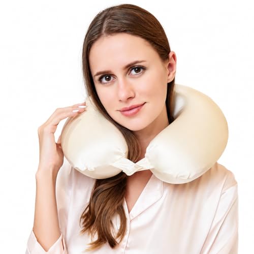 100% Mulberry Silk Neck Pillow for Travel 22 Momme Real Silk...