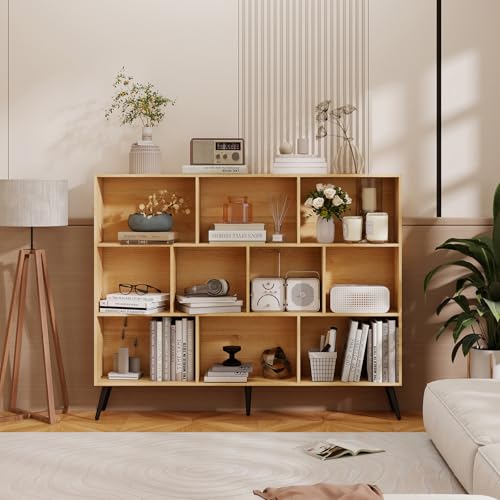 GarveeHome Wooden 3-Tier Open Shelf Bookcase, 10 Cubes Bookshelf, Freestanding Book Shelf Storage Organizer with 5 Iron Legs for Home Office, Living Room, Bedroom, Natural