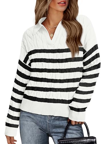 Image of WIHOLL Long Sleeve Sweaters for Women 2024 Fall Winter Outfits Fashion Polo V Neck Clothes Tops