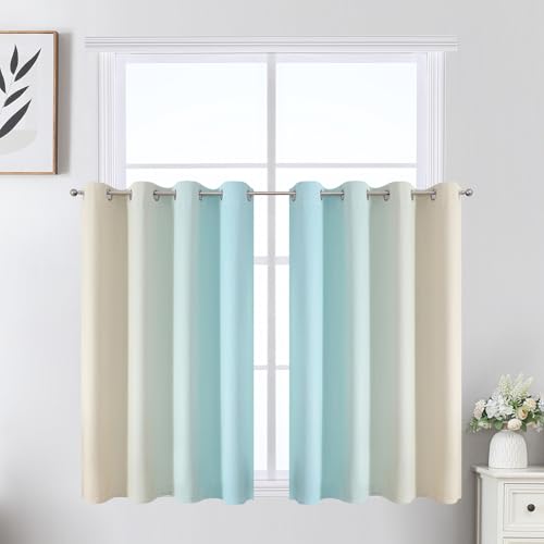 Image of Estelar Textiler Beige and Aqua Ombre Short Blackout Cafe Curtains 36 Inch Length, Thermal Insulated Grommet Small Half Window Drapes for Kitchen /Basement /RV Camper, 52Wx36L, 2 Panels