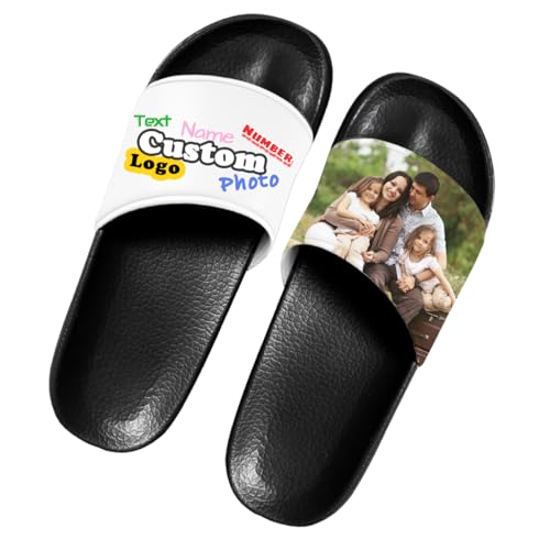 Custom Photo Slides Slippers, Personalized Text Flip Flops, Indoor Outdoor Comfort Sandals, Customize Open Toe Shoes Unisex Gifts for Women Men Couples Family, Non Slip Black Sole Shower Beach