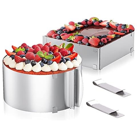 MIUTME Cake Ring Adjustable 16-30 cm Round and Rectangular Stainless Steel Baking Ring 8 cm High Rustproof Baking Mould for Baking and Decorating (2 Pieces) Cover