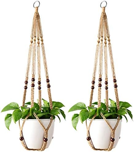 Mkono Macrame Plant Hanger Indoor Jute Hanging Planter Basket with Wood Beads Decorative Flower Pot Holder No Tassels for Indoor Outdoor Boho Home Decor 35 Inch, Brown, Set of 2 (POTS NOT Included)