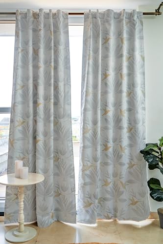 Image of Tranquebar Curtain Co. Semi Blackout Curtains 5 Feet for Window, 80% Blackout, Mild Silver Shimmer Bird Print, Semi Blackout Window Curtains, Heavy Polyester, BackTabs, Uday (152 cm) - 1 Piece
