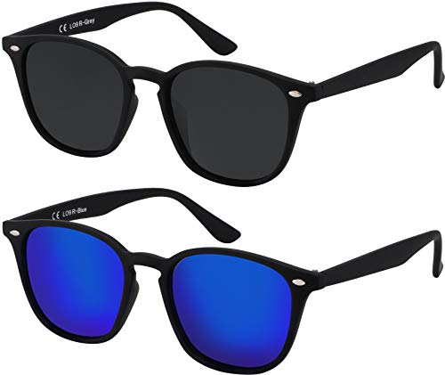 La Optica B.L.M. Sonnenbrille Herren Damen UV400 Leicht Klein Retro - Doppelpack Set Gummiert Schwarz (Gläser: 1 x Grau, 1 x Blau Verspiegelt) Cover