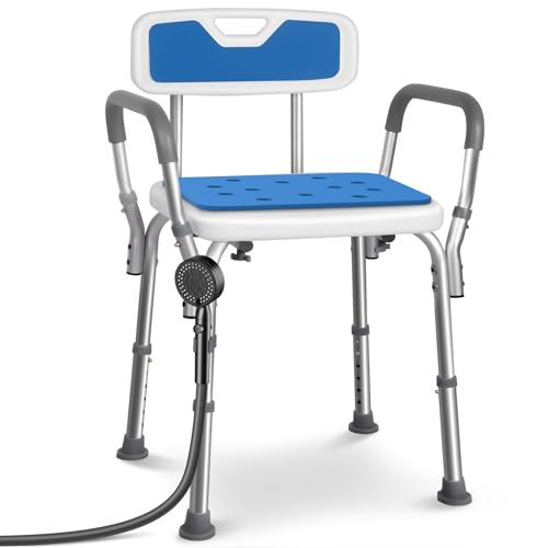 VOUNOT® Sedia da Doccia in Alluminio con Schienale e Braccioli, 6 Altezze Regolabili 71-83,5 cm, Sedile Bagno Ergonomica per Anziani e Disabili con Piedini Antiscivolo, Portata Max 136 kg, Bianco Blu