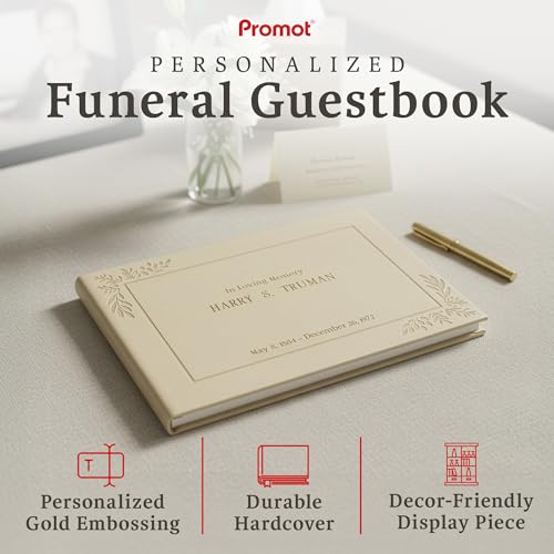 Image of Promot Funeral Guest Book for Memorial Service- Guest Book for Funeral Celebration of Life Decorations, in Loving Memory Guestbook Set with Wide-Ruled Pages, Custom Gold Foil Embossed Text (Gold)