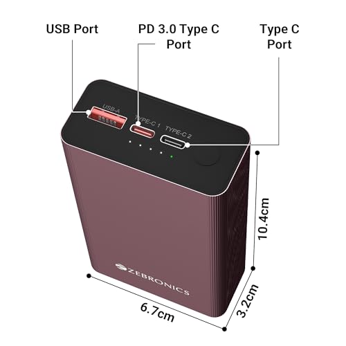 Image of ZEBRONICS EnergiTank 20MR1, Metal Power Bank, 20000 mAh, 22.5W Super Fast Charging PD 3.0 (PPS), Dual Type C & USB Port, LED Indicator, for iPhone, Android, Tablets, Airpods (Raspberry)