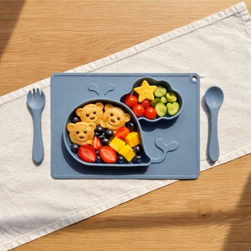 Image of TCK Silicone Baby Meal Plate Set with Spoon & Fork | Whale Shaped | Blueberry Colour | 2 Section Divided Plate for Toddlers | Food Grade Kids Feeding Set | Microwave Dishwasher Safe