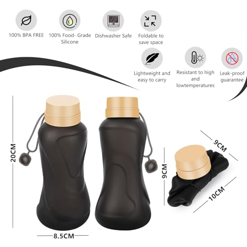 Collapsible Water Bottles,650ml,Leak Proof,Reuseable BPA Free Silicone Foldable Water Bottles,Durable Lightweight for Travel Gym Camping Hiking,Compact Size Portable Sports Water Bottle (Black)
