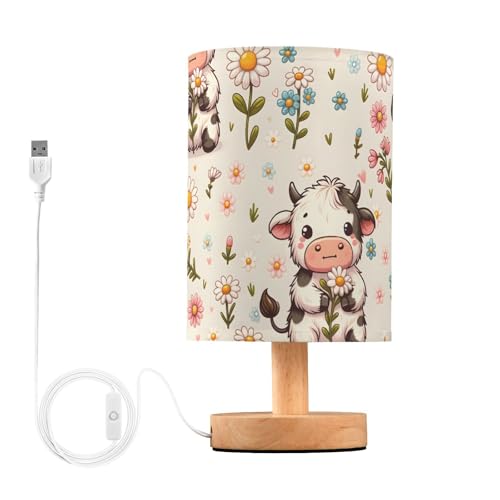 Lampe de chevet LED vache et marguerite avec port de charge USB et base bois